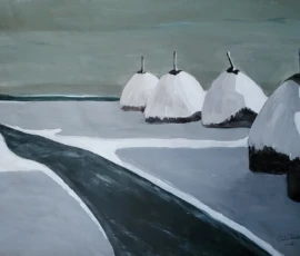 Winterlandschap hooibergen
Acryl op papier 50 x 65 cm