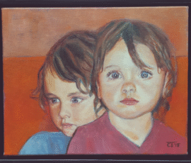 Zora en Isis. Olieverf op doek, 20 x 30 cm